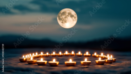 Close up Traditional Indian lamps (diyas) arranged in a circular pattern under the full moon, representing the light and positivity associated with Sharad Purnima. photo