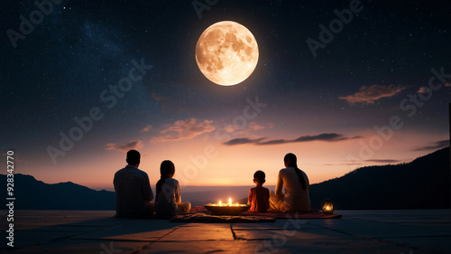 A family gathered on their terrace, enjoying kheer under the full moon, with the sky filled with stars, symbolizing the traditional and familial aspects of the Sharad Purnima celebration.
