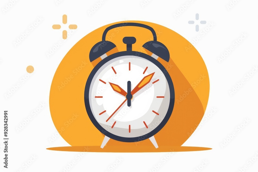 A close-up view of an alarm clock with a long shadow on a bright yellow background