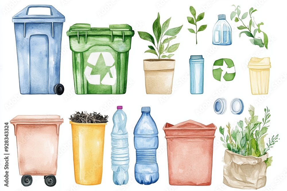 A collection of trash cans, bottles, and plants A collection of trash cans, bottles, and plants