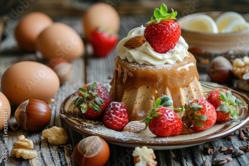 Caramel pudding with cream strawberry eggs and chestnuts on a table