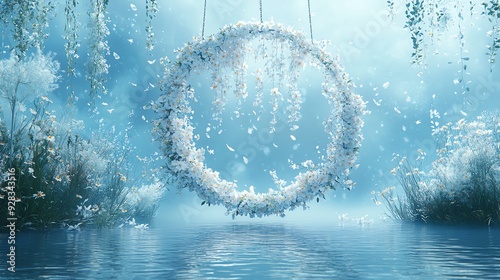 Floral swing with blue and white flowers and fog in the background. photo