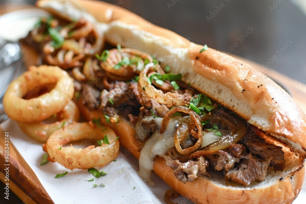 Cheese steak on a sandwich with onions rings Cheese steak on a sandwich with onions rings