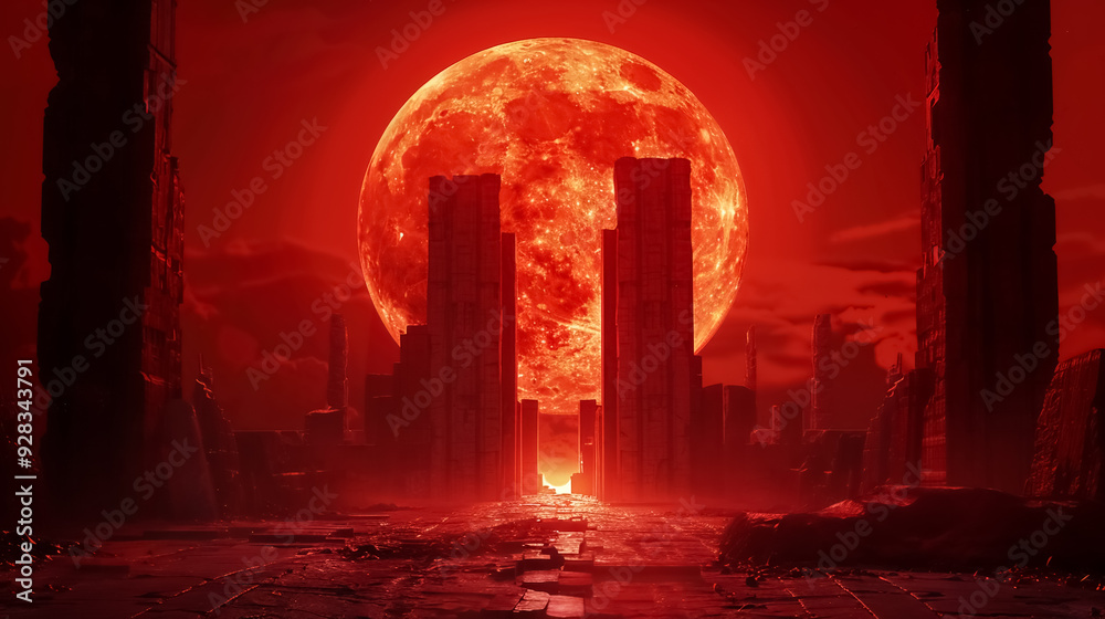 Fototapeta premium Red moon rose behind ancient dark towers, casting a dramatic crimson glow over a desolate, dystopian landscape