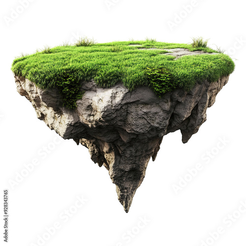 3D Illustration of Flying Paradise Rock Floating Island with Green Grass Field Isolated with PNG Image Vector Illustration 