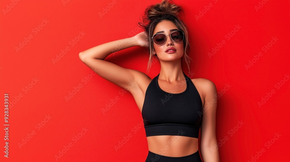 Fashionable young woman wearing black sportswear and sunglasses standing against a red background, posing with one arm raised. Fashionable young woman wearing black sportswear and sunglasses standing against a red background, posing with one arm raised.