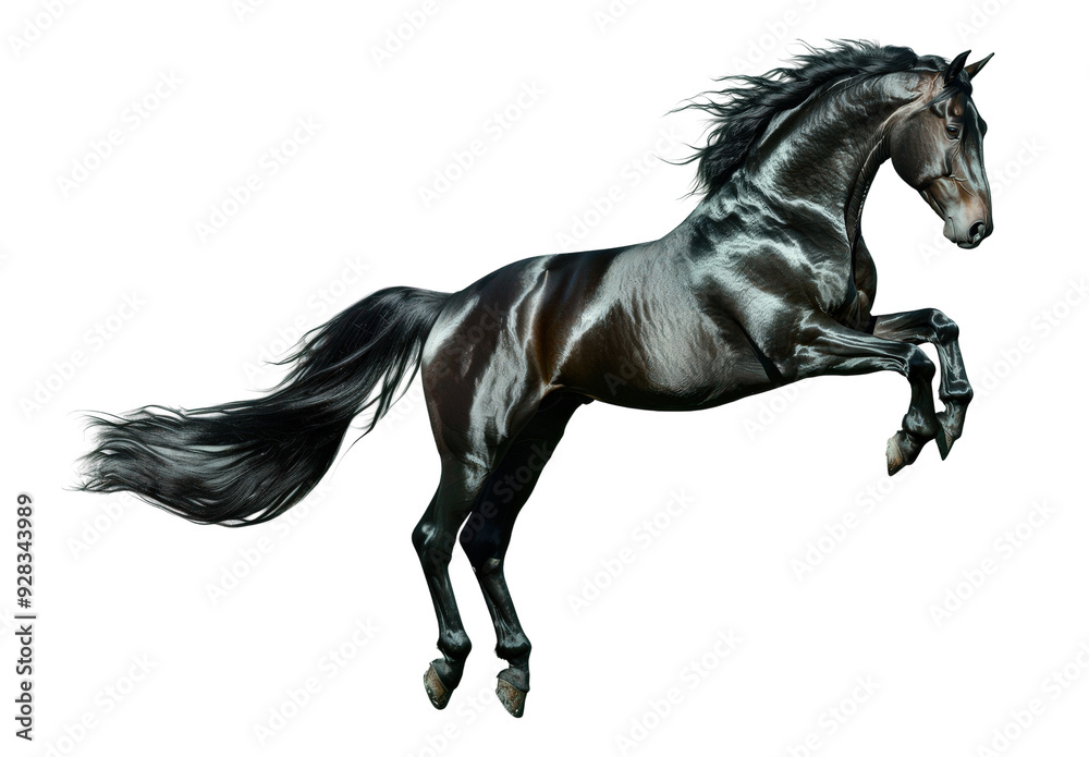 Stunning black horse rearing in mid-action, showcasing its strength and elegance against a clear background. Stunning black horse rearing in mid-action, showcasing its strength and elegance against a clear background.
