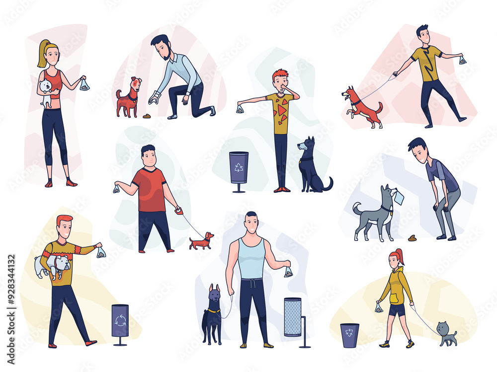 Cleaning after dog. Set of pet owners picking up pets waste during walk in public park. Animal responsibility of trash clean rules concept. Linear illustration Cleaning after dog. Set of pet owners picking up pets waste during walk in public park. Animal responsibility of trash clean rules concept. Linear illustration