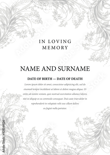 Funeral card. In loving memory of those who are forever in our hearts. Elegant design. Vector illustration.