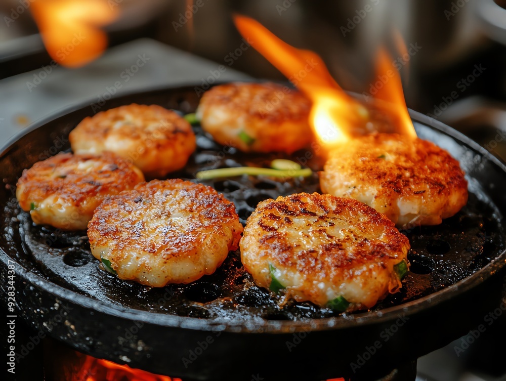 Thai fish cakes being deepfried in a rustic kitchen, golden brown and crispy, served with cucumber relish, Thai fish cakes, traditional snack Thai fish cakes being deepfried in a rustic kitchen, golden brown and crispy, served with cucumber relish, Thai fish cakes, traditional snack