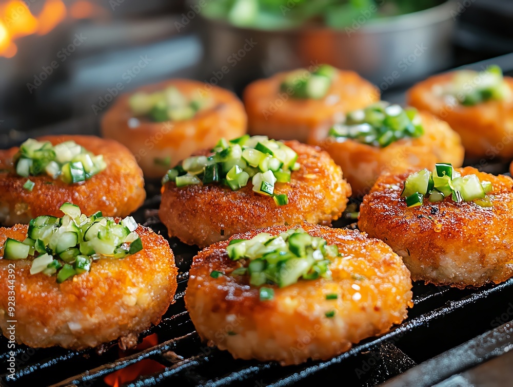 Thai fish cakes being deepfried in a rustic kitchen, golden brown and crispy, served with cucumber relish, Thai fish cakes, traditional snack Thai fish cakes being deepfried in a rustic kitchen, golden brown and crispy, served with cucumber relish, Thai fish cakes, traditional snack