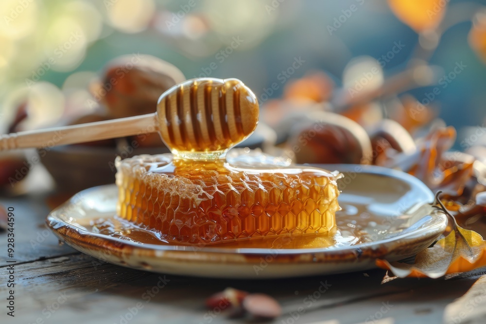 Chestnut honey on a plate Honey from nature Chestnut honey on a plate Honey from nature