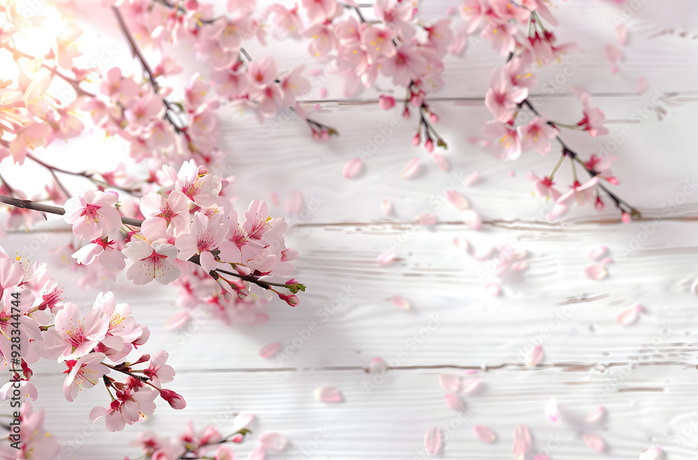 custom made wallpaper toronto digitalDelicate pink cherry blossoms on a white wooden background with scattered petals.