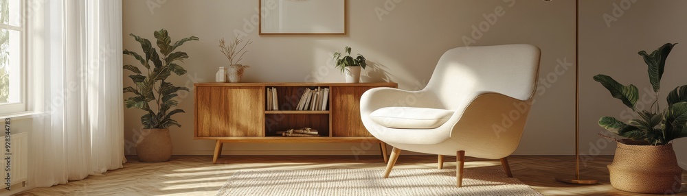 Fototapeta premium Cozy Modern Living Room with Elegant Armchair and Wooden Furniture in Sunlit Interior