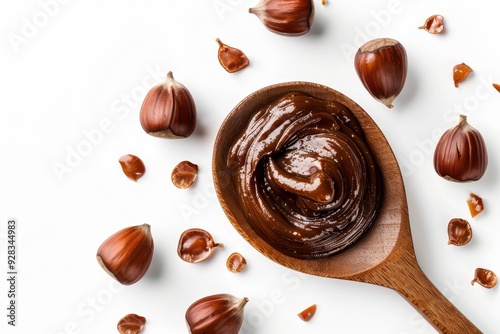 Chestnut puree on spoon isolated Chestnut spread jam dessert on white background photo