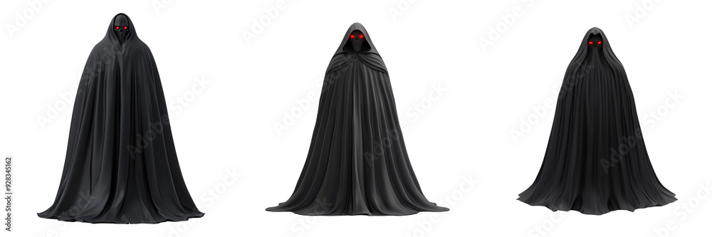 Three mysterious cloaked figures with red eyes, perfect for horror or fantasy themes. Three mysterious cloaked figures with red eyes, perfect for horror or fantasy themes.
