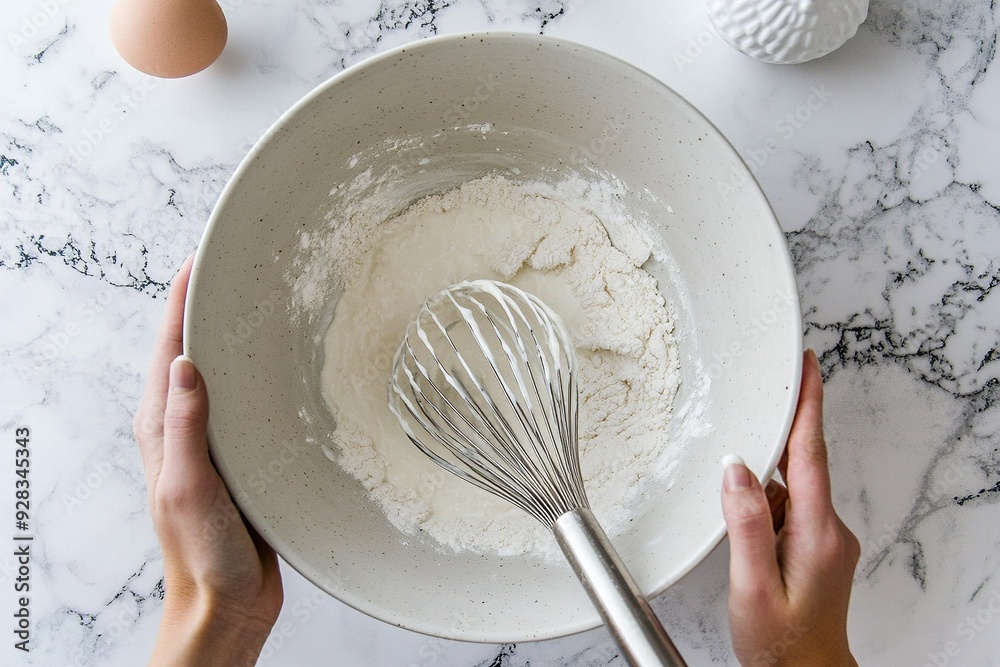 Fototapeta premium Mixing batter in a bowl with a whisk