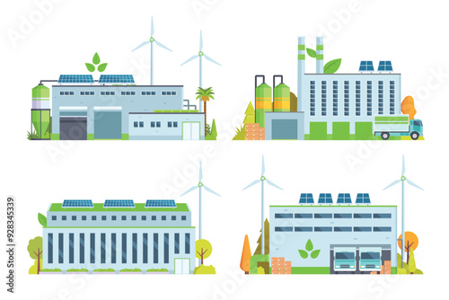 Sustainable Smart Green Factory building illustration, vector elements for city and industry illustration. flat style and front view	