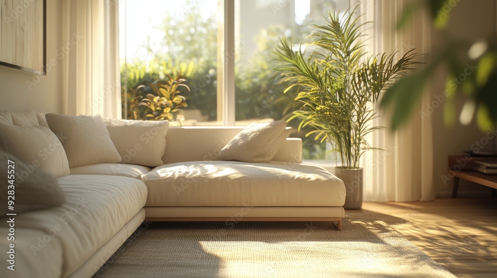 Cozy Sunlit Living Room with Modern White Sofa and Green Plants by Large Windows Cozy Sunlit Living Room with Modern White Sofa and Green Plants by Large Windows