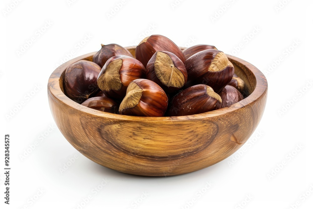Chestnuts boiled in wooden cup on white backdrop Chestnuts boiled in wooden cup on white backdrop
