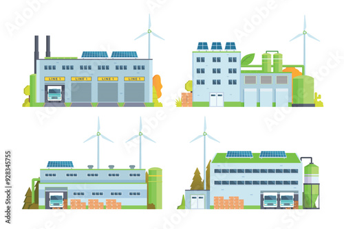 Sustainable Smart Green Factory building illustration, vector elements for city and industry illustration. flat style and front view	