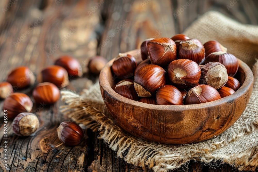 Chestnuts peeled in wooden bowl some scattered around Chestnuts peeled in wooden bowl some scattered around