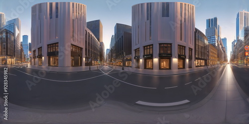 Full 360 degrees seamless spherical panorama HDRI equirectangular projection of city street. Texture environment map for lighting and reflection source rendering 3d scenes.	
