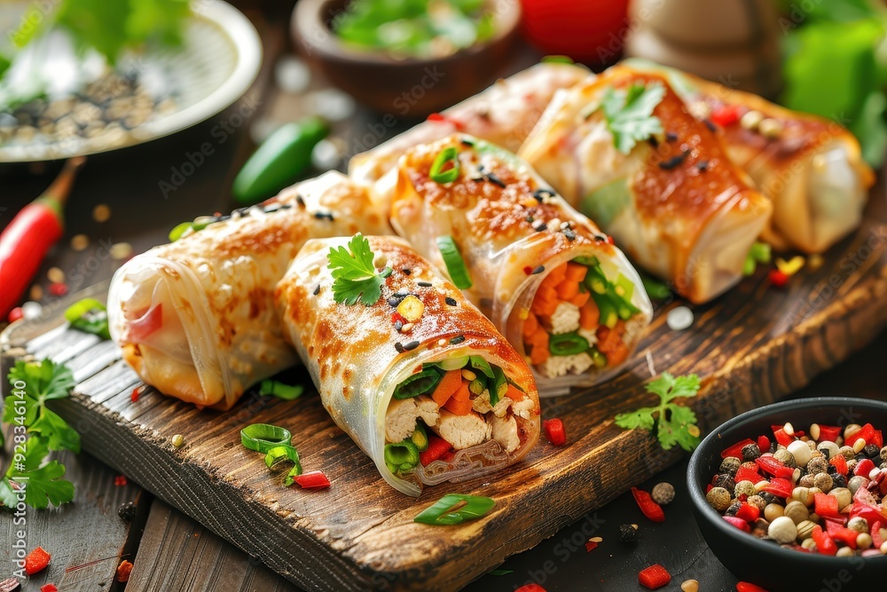 Chicken and vegetable spring rolls on chopping board Asian food Chicken and vegetable spring rolls on chopping board Asian food