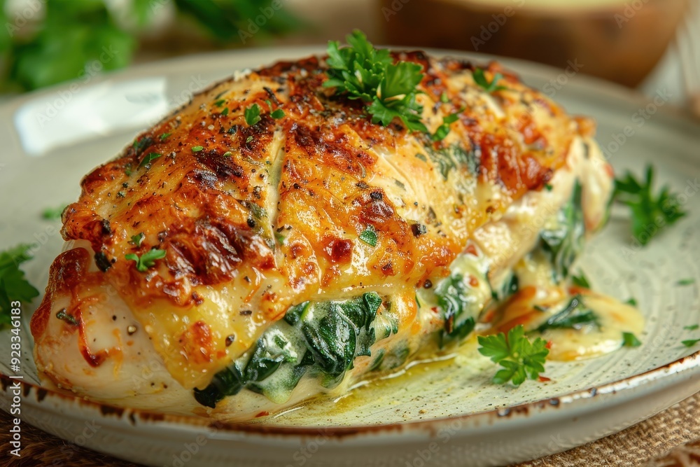 Chicken breast filled with cheese and spinach baked flat Chicken breast filled with cheese and spinach baked flat
