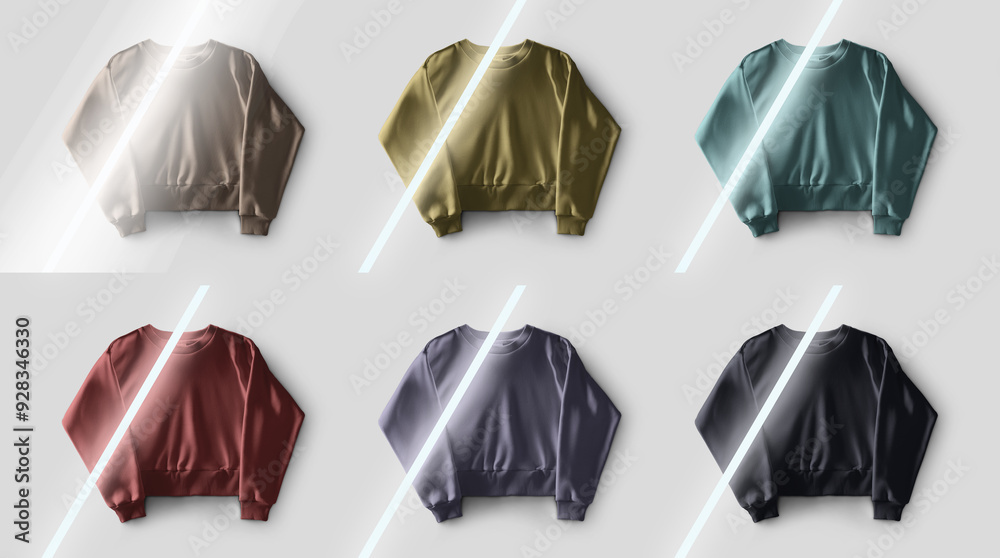 Naklejka premium Mockup of bright crop sweatshirt with diagonal lamp light, stylish women's clothing, isolated on background, front view. Set.