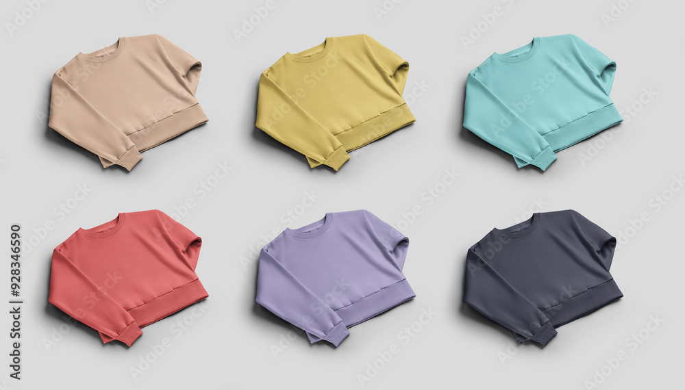 Сolorful crop sweatshirt mockup, diagonal presentation, folded women's streetwear, for design, branding, front view. Set.