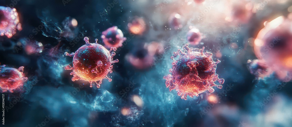 Close-Up of Microscopic Virus Particles in a High-Resolution Digital Illustration with Vibrant Colors Close-Up of Microscopic Virus Particles in a High-Resolution Digital Illustration with Vibrant Colors