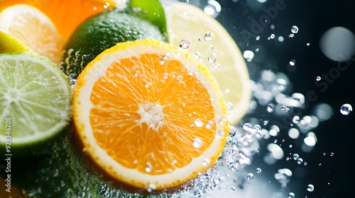 Citrus Infused Water, Slices of orange, lemon, and lime floating in a glass of cold water or sparkling water.