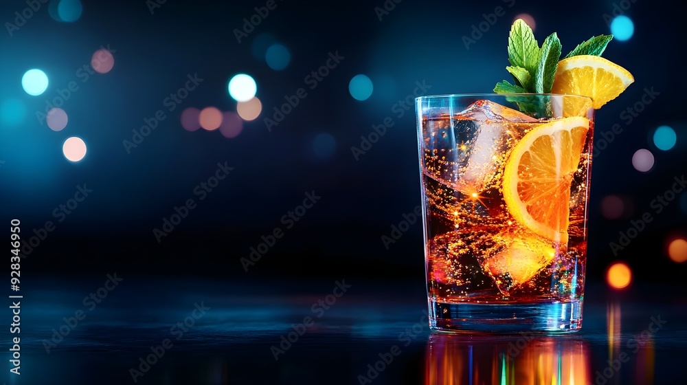 Citrus spritzer in a transparent glass with sparkling holographic effects, AI-generated design, neon elements, high-tech, sleek and modern.