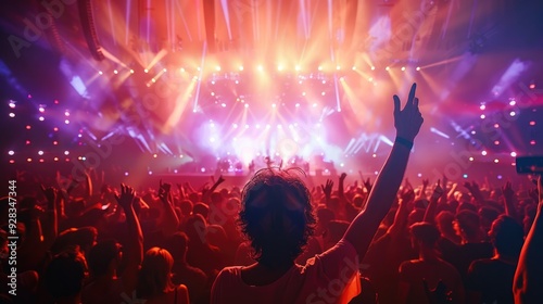 Energetic Music Festival with Excited Crowd, Live Performances, and Colorful Stage Lighting. Generative AI.