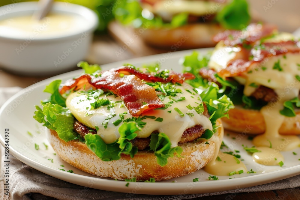 Classic breakfast idea Eggs Benedict with bacon lettuce and hollandaise sauce on English muffins Classic breakfast idea Eggs Benedict with bacon lettuce and hollandaise sauce on English muffins