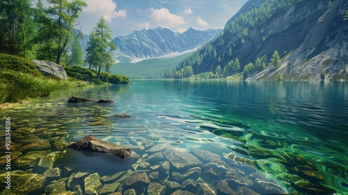 Fototapeta Naklejka Na Ścianę i Meble -  A serene mountain lake with crystal-clear water