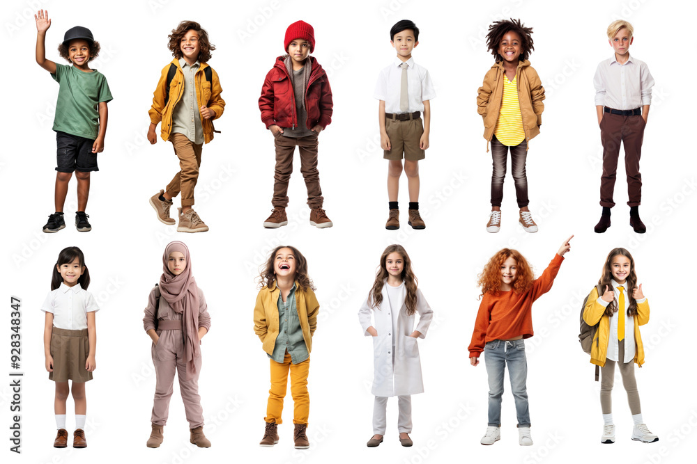 Fototapeta premium PNG diverse happy kid standing full body design element set, transparent background