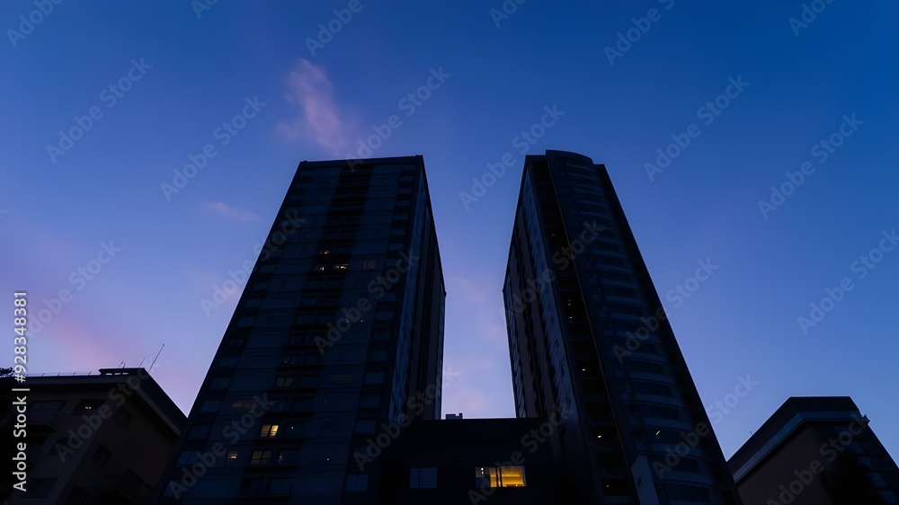 Bottom view of central business district with amazing twilight sky Bottom view of central business district with amazing twilight sky