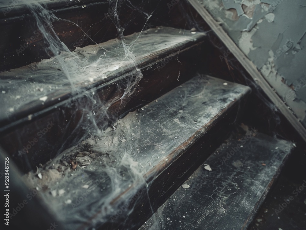 Close-Up of an Old, Creaky Staircase with Dust and Cobwebs Close-Up of an Old, Creaky Staircase with Dust and Cobwebs