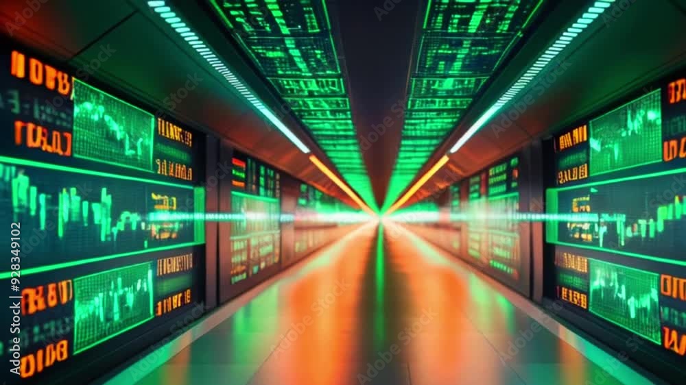 A futuristic hallway lit by screens displaying data and financial graphs. A futuristic hallway lit by screens displaying data and financial graphs.