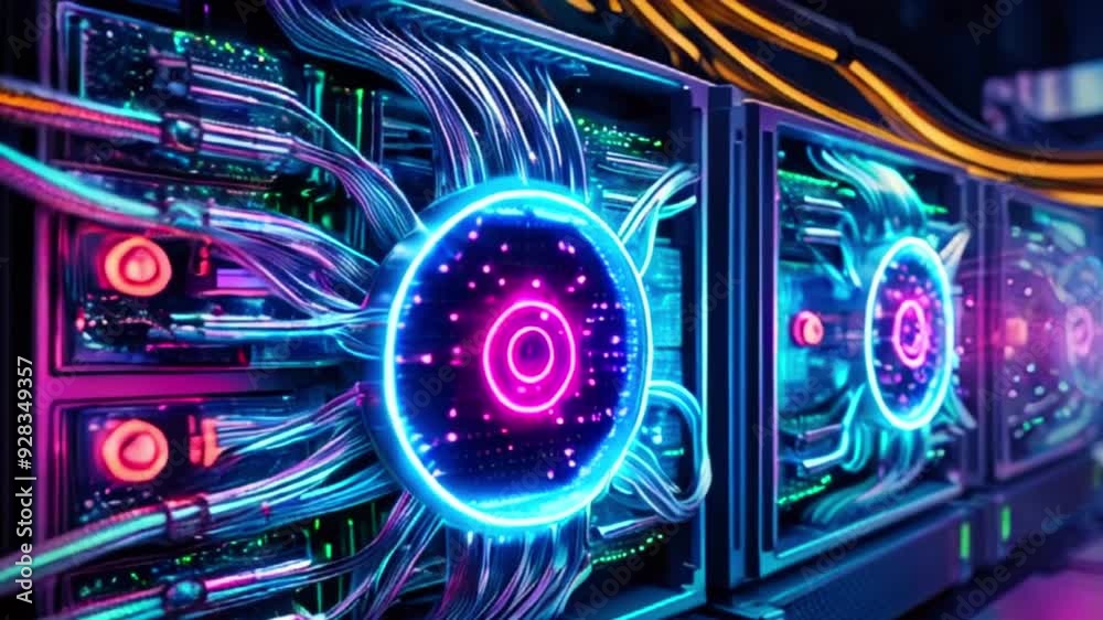 Closeup of glowing neon server rack with intricate wiring and colorful lights. Closeup of glowing neon server rack with intricate wiring and colorful lights.
