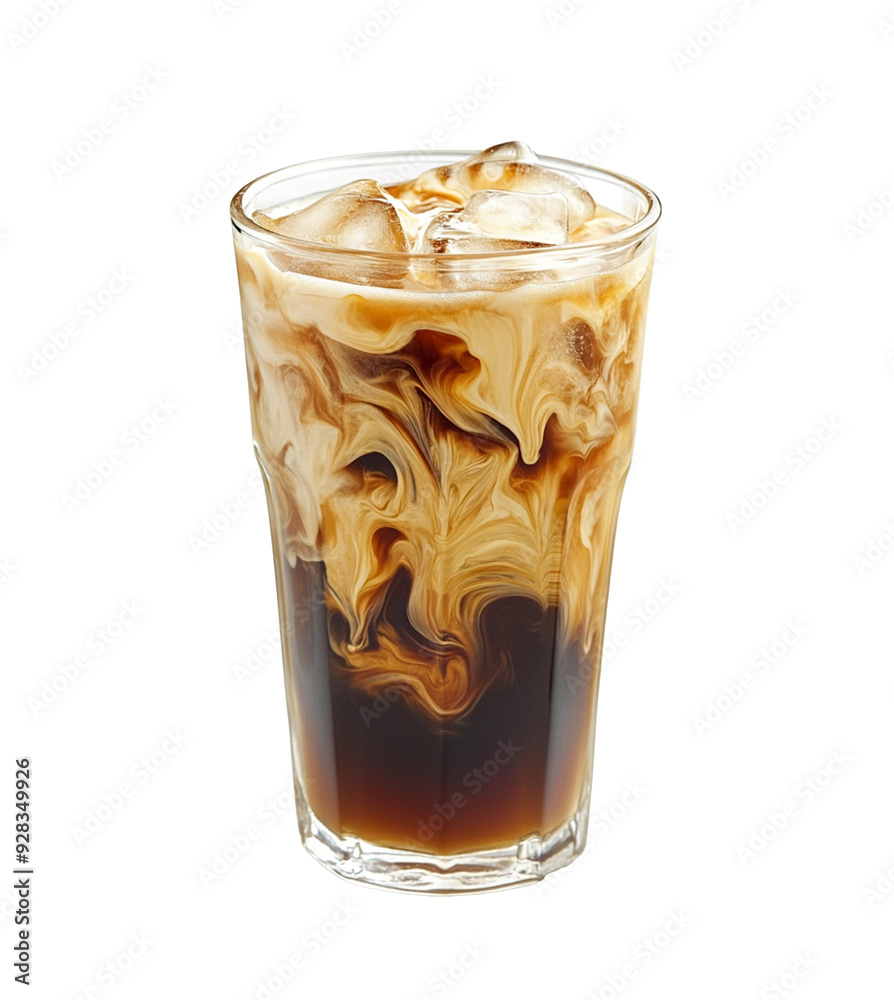 A glass of iced coffee with milk swirls, isolated on a transparent background. A glass of iced coffee with milk swirls, isolated on a transparent background.