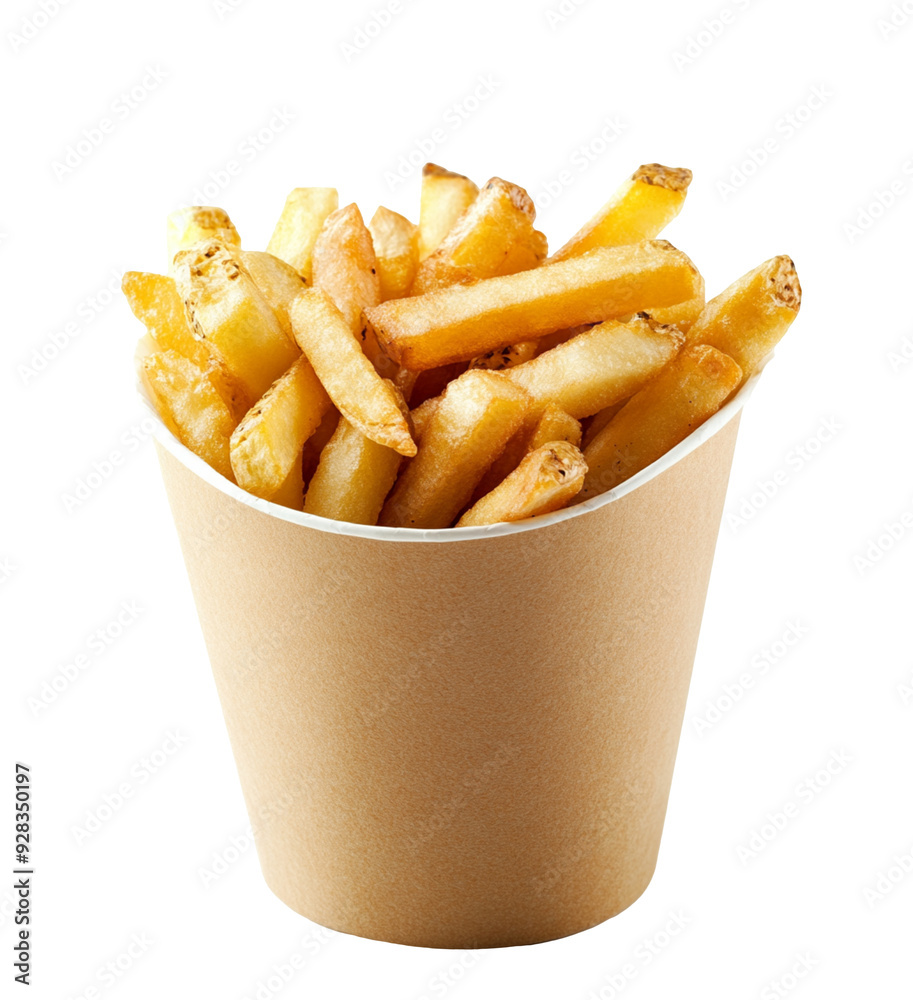 Golden-fried French fries in a paper cup, isolated on white background. Golden-fried French fries in a paper cup, isolated on white background.