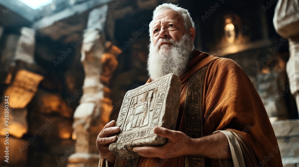 Elderly man with a long white beard holding an ancient stone tablet with carved symbols, standing in a dimly lit historical or archaeological site. Elderly man with a long white beard holding an ancient stone tablet with carved symbols, standing in a dimly lit historical or archaeological site.