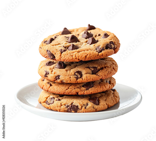 Freshly baked chocolate chip cookies stacked on a plate, isolated on a transparent background. 