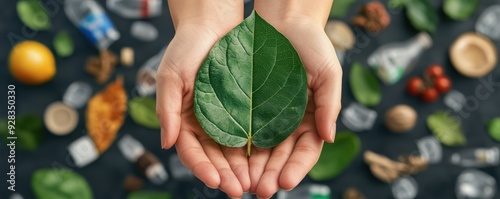 Hands holding a green leaf and plastic waste, sustainability concept, 3D illustration photo