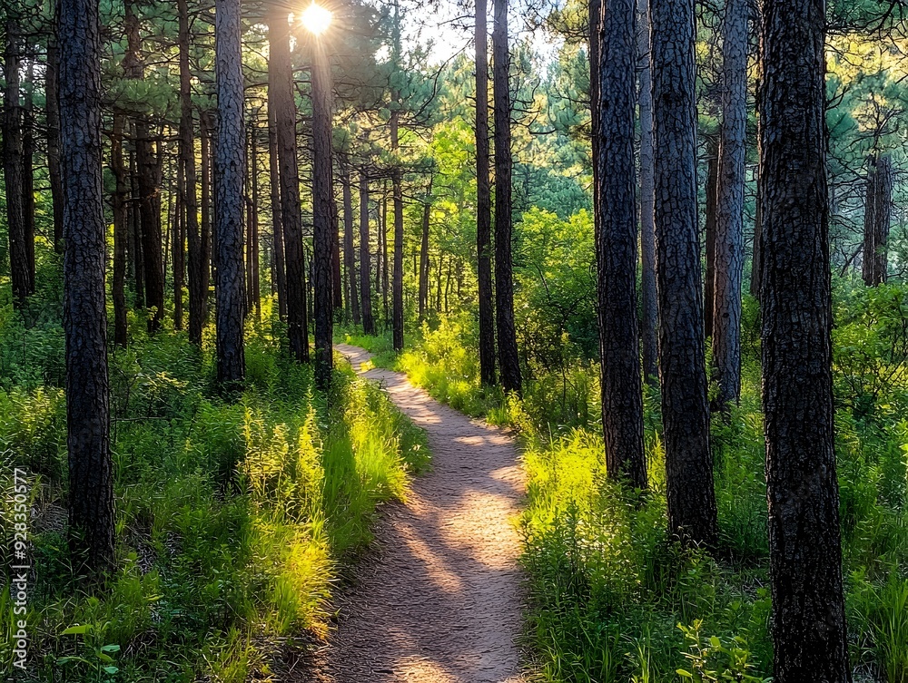 Fototapeta premium Serene and quiet winding trail through a towering pine forest with soft sunlight breaking through the tall trees creating a peaceful and tranquil outdoor hiking experience