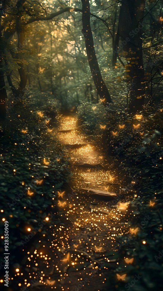 Glowing Forest Path Illuminated by Ethereal Fireflies in Enchanted Darkness Glowing Forest Path Illuminated by Ethereal Fireflies in Enchanted Darkness