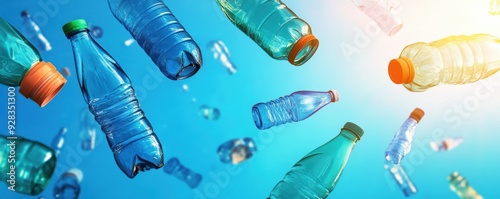 Various plastic bottles suspended in mid-air against a vibrant blue background, symbolizing the global issue of plastic waste and pollution. photo